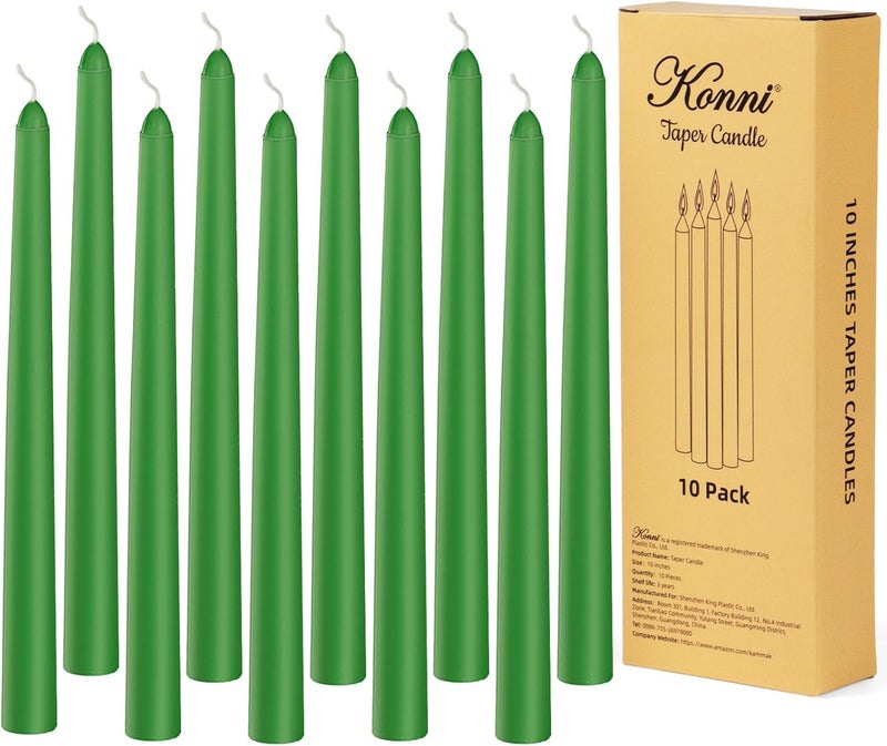 KONNI 0.87×10 Inch Green Taper Candles, Unscented and Smokeless Tall Candlesticks, 10 Pack Tapered Candles with Cotton Wicks, Long Burning, Ideal for Weddings, Dinner Parties, and Home Décor - Image 1